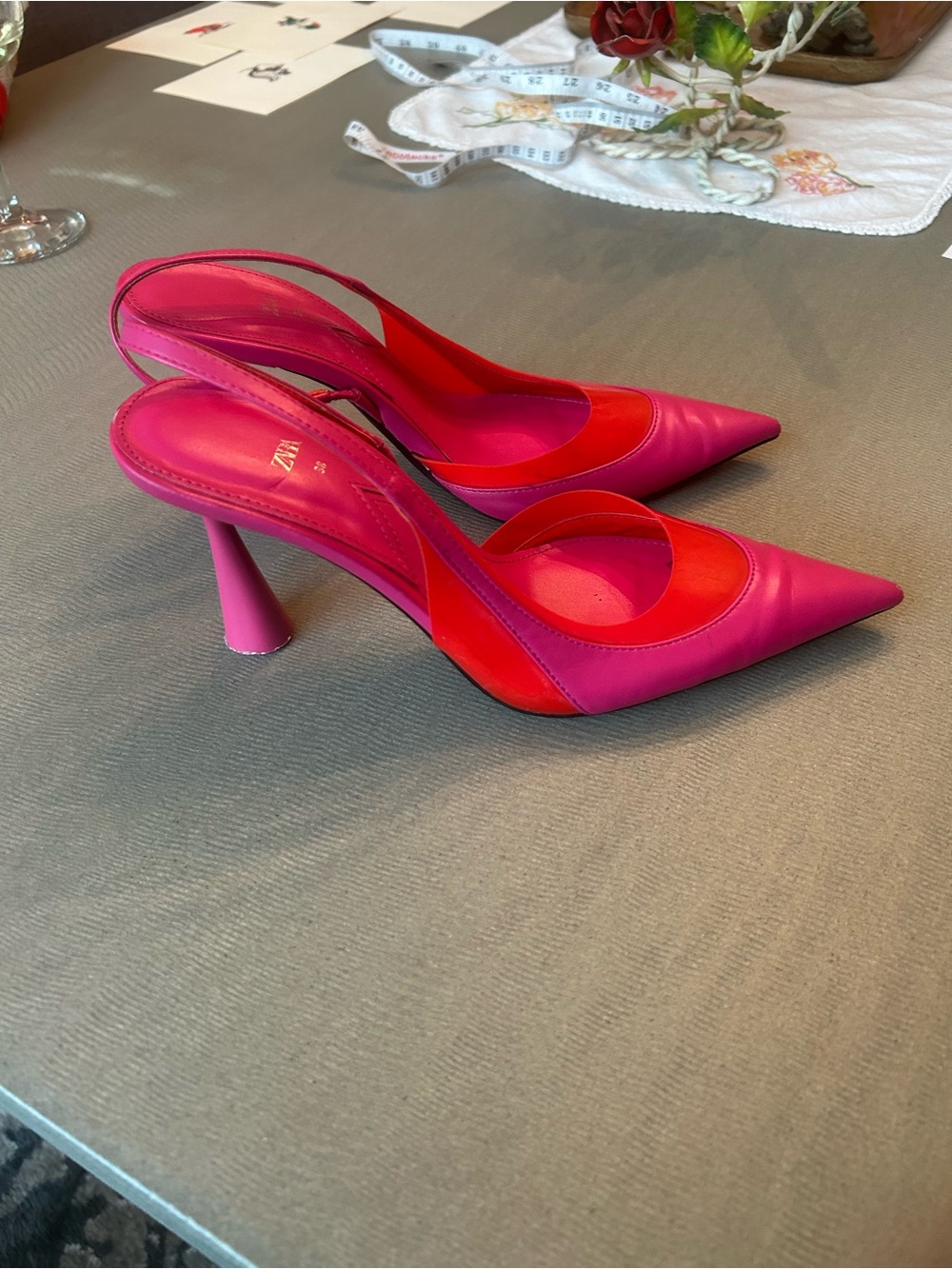 Zara Hot Pink and Red Pointed Slingback Heels size 38 euro - Picture 2 of 13